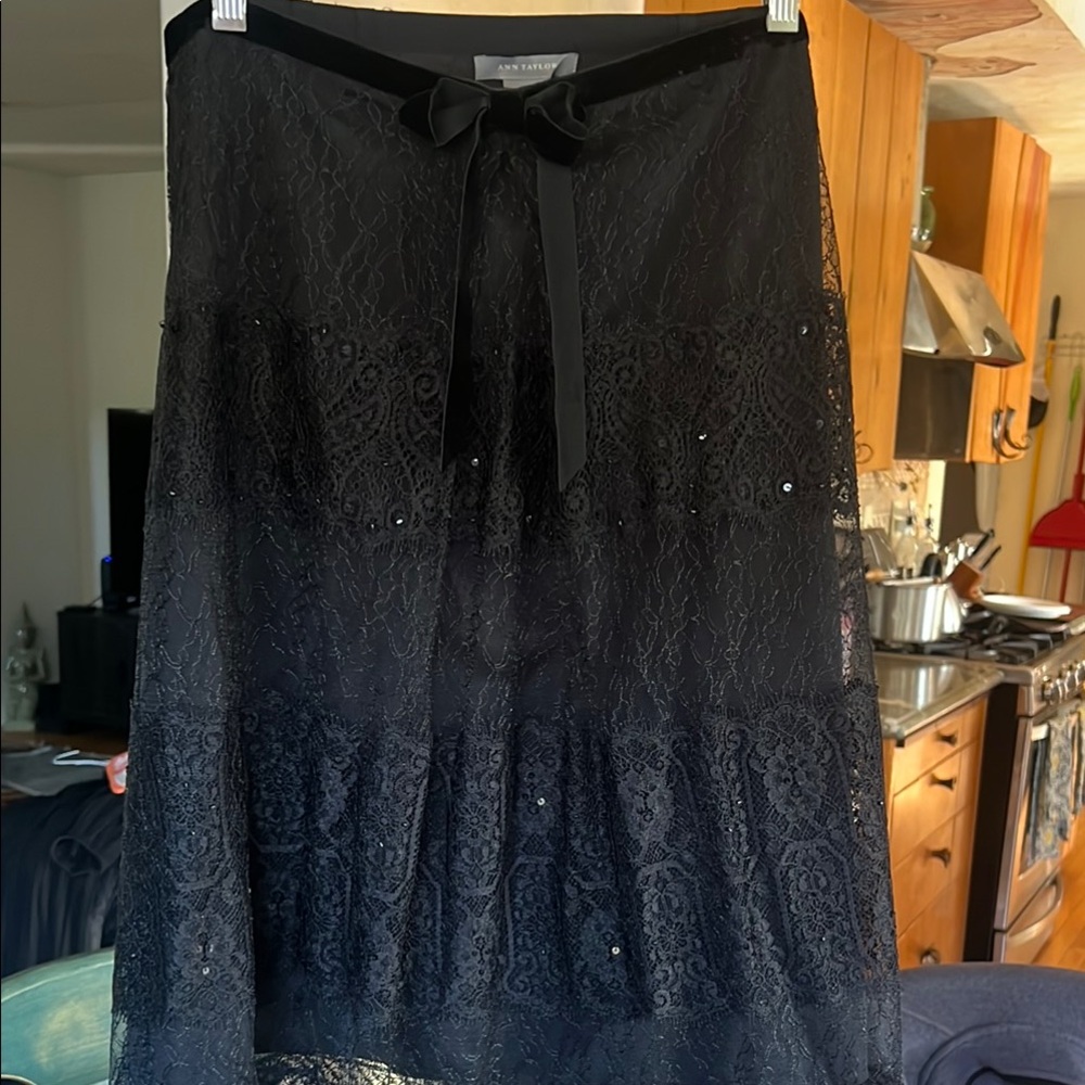 Ann Taylor Black Maxi A-Line Skirt with Embellished Tie Front